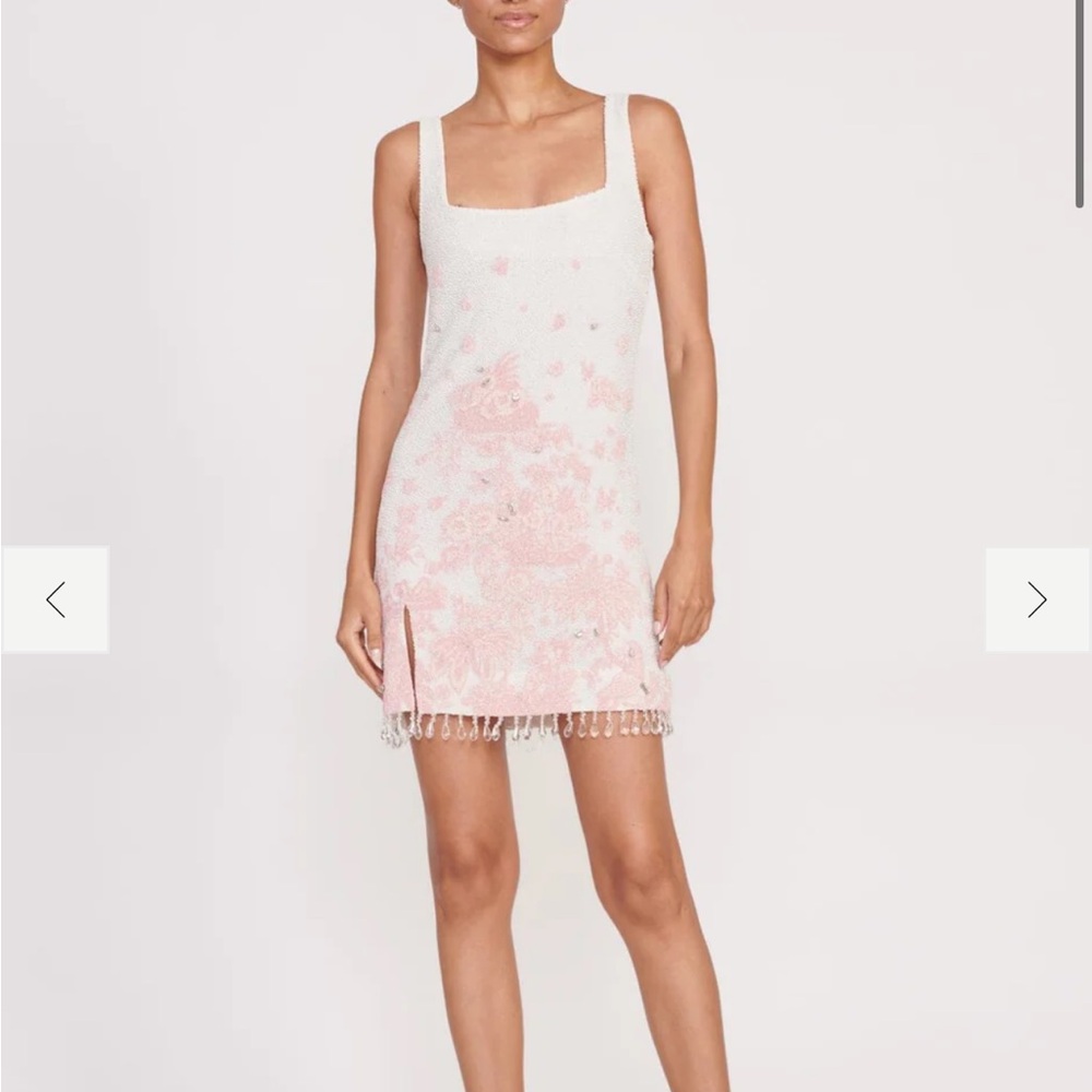 STAUD Le Sable White and Pink Cherry Blossom beaded Mini Dress. Worn Once